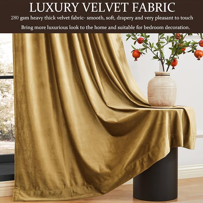 100% Blackout Gold Velvet Curtains 96 inch Long for Living Room,Elegant 2 Panels Back Tab Thermal Insulated Room Darkening Curtain with Liner Heavy Noice Reducing Soundproof Window Drapes for Bedroom
