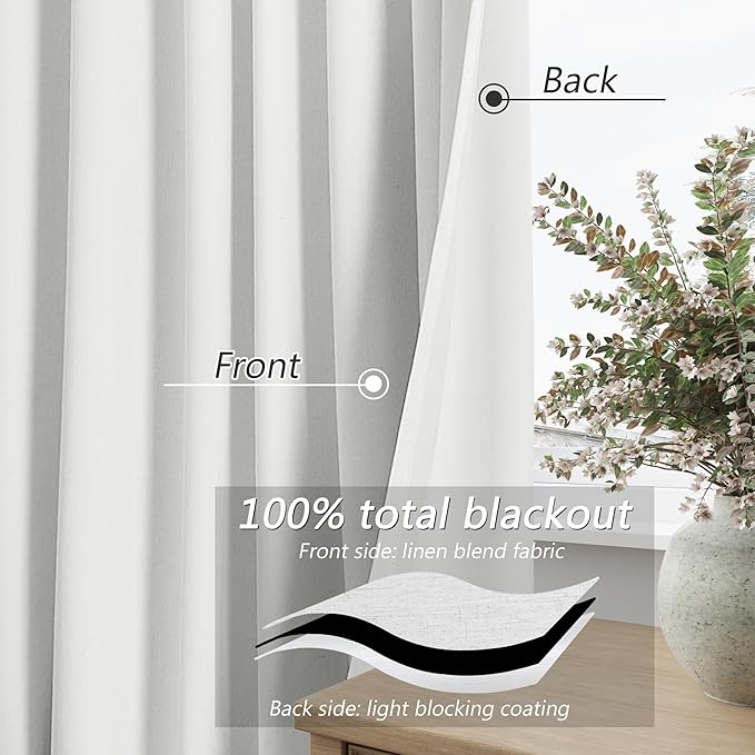Guken 100% Blackout Linen Curtains 112 Inch Long by 52 Inch Wide 2 Panels Set for Living Room Bedroom Back Tab Thermal Insulated Black Out Linen Drapes Room Darkening Window Curtains