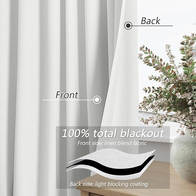 Guken White 100% Blackout Linen Curtains 108 Inch Length 2 Panels Set for Living Room Bedroom Back Tab Thermal Insulated Black Out Drapes Room Darkening Farmhouse Window Curtains 52x108