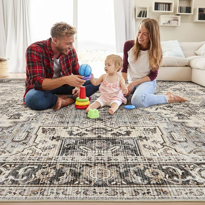 Area Rug for Living Room - 7x9 Soft Washable Oriental Vintage Floral Distressed Large Carpet - Fade Stain Resistant Non Slip Rugs for Bedroom Dining Room Nursery Dorm Office Home Decor - Brown