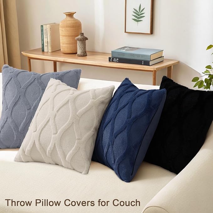 decorUhome Set of 4 Faux Fur Throw Pillow Covers 20x20(Blue/Grey) | Neutral Decorative Soft Plush Couch Pillow Covers, Farmhouse Pillow Cases for Living Room Bed Sofa