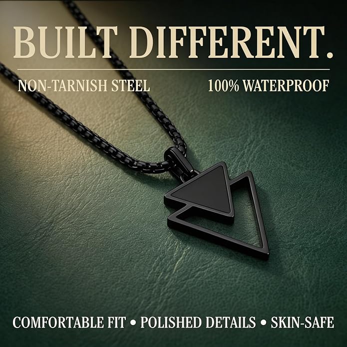 Galis Mens Necklace - Premium Stainless Steel Silver Chain Necklace, Non Tarnish, Chains, Triangle, Cross, Black Enamel, Compass Pendant, Stylish Jewelry - Gift for Him 24"