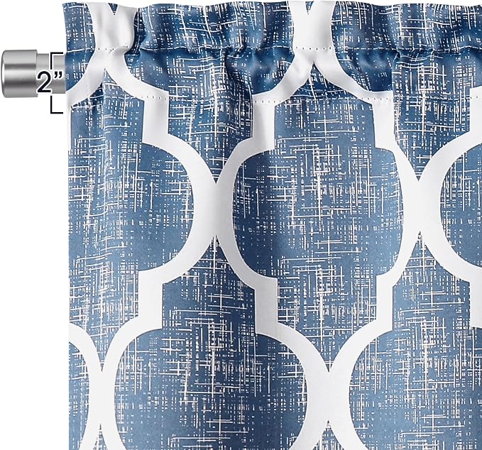 Beauoop Moroccan Valance Curtains for Kitchen Cafe Blue 52x18 1 Panel | Geometric Blackout Short Curtains for Living Room Bedroom 18 Inch Length Thermal Quatrefoil Small Window Curtains Rod Pocket