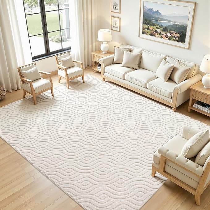 SHACOS 8x10 Large Area Rugs for Living Room Beige Solid Color Soft Fluffy Rug for Bedroom Non Slip Washable Indoor Mat Floor Carpet for Kids Room Nursery Office, High-Low Pile Boho Modern Rug
