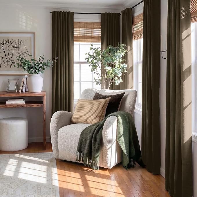 100% Blackout Shield Dark Brown Linen Blackout Curtains for Bedroom 90 Inches Long, Back Tab/Rod Pocket Living Room Drapes, Thermal Insulated Blackout Curtains 2 Panels Set, 50" W x 90" L