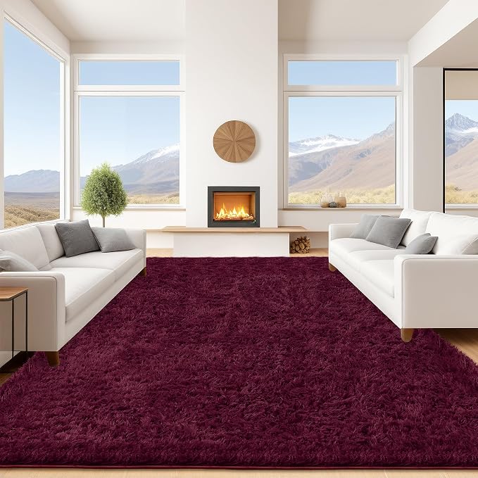 9x12 Burgundy Fluffy Shag Area Rugs for Living Room Bedroom Girls | Ultra Soft Comfy, Large Fuzzy Shaggy Plush Carpet for Nursery Kids Dorm, Modern Indoor Home Decor, Upgrade Non-Slip