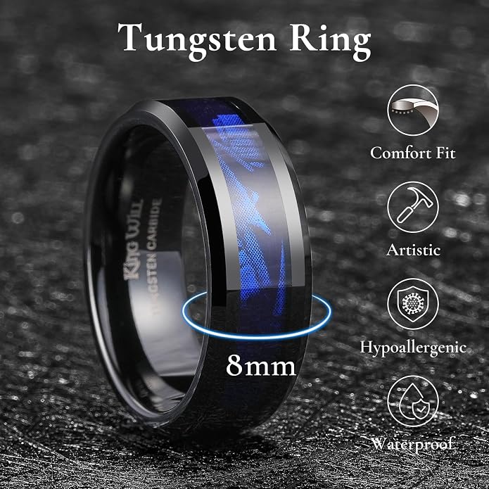 King Will Black Tungsten Wedding Band For Men, 8mm Promise Ring Inlay Red Twill Pattern/Colorful Wood Chips, High Polished Beveled Edge - Suitable For Daily Wear, Comfort Fit Size 7-14