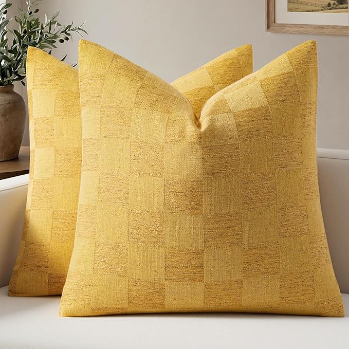 a moment Set of 2 Decorative Linen Throw Pillow Covers,Large Grid Textured Neutral Boho Farmhouse Cushion Covers,Soft Aesthetic Pillowcases for Couch Sofa Living Room Home Decor,22x22 Inch,Yellow