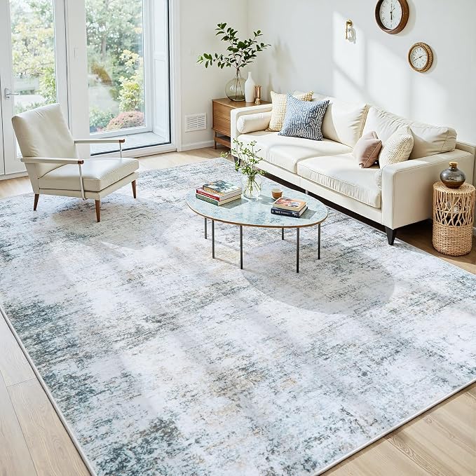 10x12 Area Rugs Washable Rug: Anti-Skid Abstract Modern Living Room Rug Soft Thin Carpets Indoor Floor Non-Shedding Carpet for Bedroom Dining Nursery Home Office (Blue/Grey/Gold/White,10'x12')