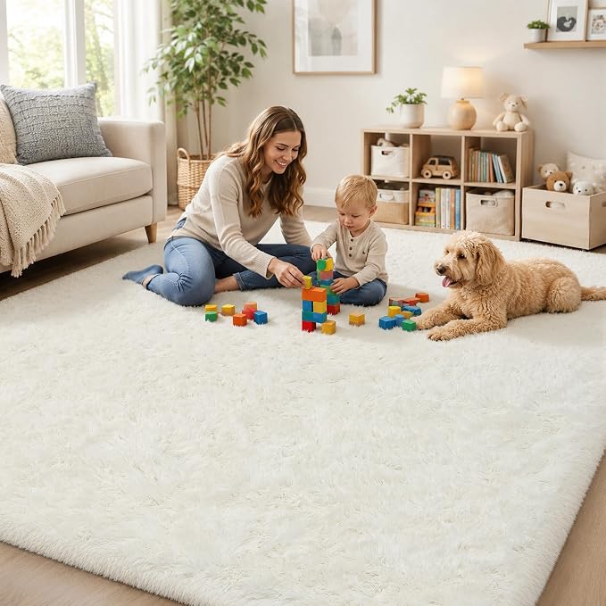 Area Rug for Living Room Bedroom: 9x12 White Soft Fluffy Shag Upgrade Non-Slip High Pile Carpet Large Fuzzy Plush Indoor Floor Decor Shaggy Rug for Kid Boys Girls Dorms Playroom Nursery Modern Home