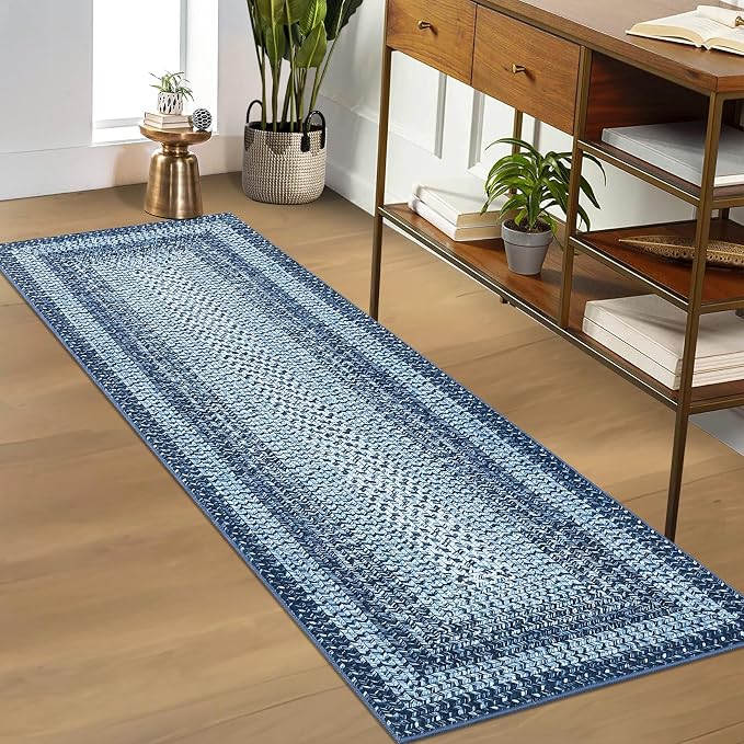 RUGSREAL Runner Rug for Hallway Kitchen Runner Mat 2x10, Machine Washable Long Runner Throw Carpet, Non Slip Entryway Rug Stain Resistant Braided Printed Carpet for Bedroom Living Room, Blue