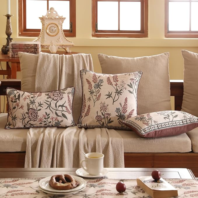 ISAENNE Designer Vintage Linen Throw Pillow Cover,18"x18"-Helena A | Elegant French Square Decor Pillow Cover,Concealed Zipper Design,Floral Pattern,Sofas,Bedroom,Living Room,Lounge Chairs