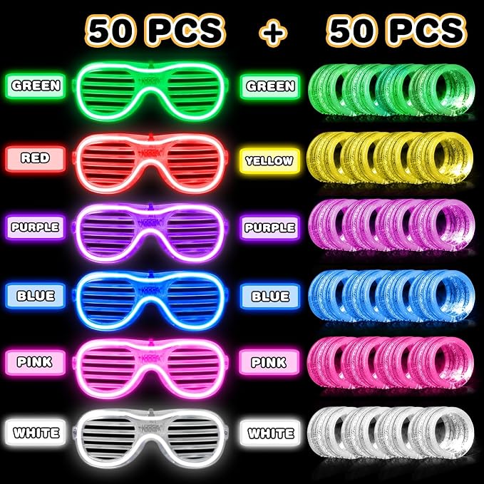 100 Pack Light up Glasses & LED Bracelets with 6 Colors & 3 Flashing Mode, Neon Bulk Gift for Kids and Adults Glow in the Dark Party favors, Halloween, Birthday, Wedding Supplies, Glow Bingo, Carnival