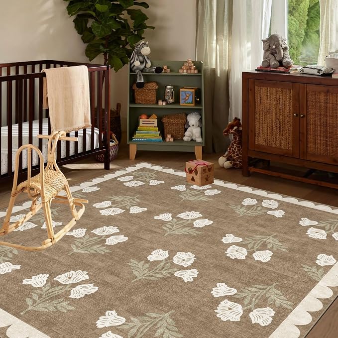 Tan Square Rug 5ft - Soft Washable Boho Farmhouse Bedroom Rug Non Slip 5x5 Stain Resistant Cottage Neutral Scalloped Area Rugs for Living Room Entryway Kitchen Dining Room Bathroom Nursery