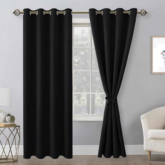 Hiasan Blackout Curtains for Bedroom, 52 x 84 Inches Long - Thermal Insulated & Noise reducing Window Curtains for Living Room, 2 Drape Panels Sewn with Tiebacks, Black