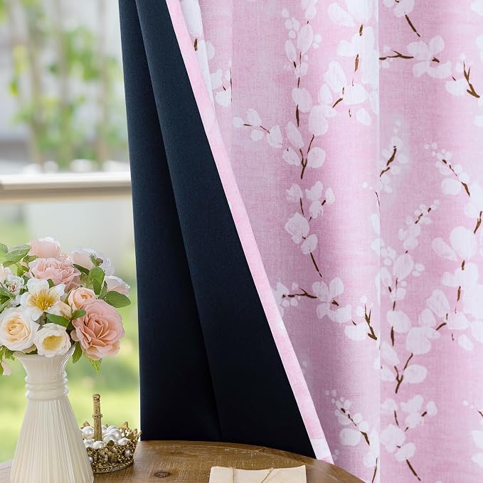 FMFUNCTEX 100% Blackout Pink Floral Curtains 84 Inch Long Grommet 2 Panels | Black Out Drapes, Thermal Insulated Cottage Farmhouse, Blossom Flower Patterned Curtain for Bedroom, Living Room Darkening
