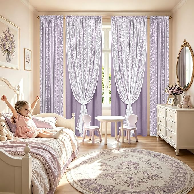 ASPMIZ Linen Curtains for Living Room Double Layer Curtains with Linen Lace, Purple Curtain for Bedroom Light Filtering, Rod Pocket Drapes 84 Inch Length 2 Panels Set with 2 Tiebacks, 52x84