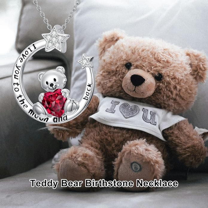 PELOVNY Teddy Bear Necklace for Women 925 Sterling Silver Bear/Highland Cow/Fox/Cat/Axolotl Birthstone Necklace Christmas Birthday Jewelry Gifts for Mom Daughter Wife Sister