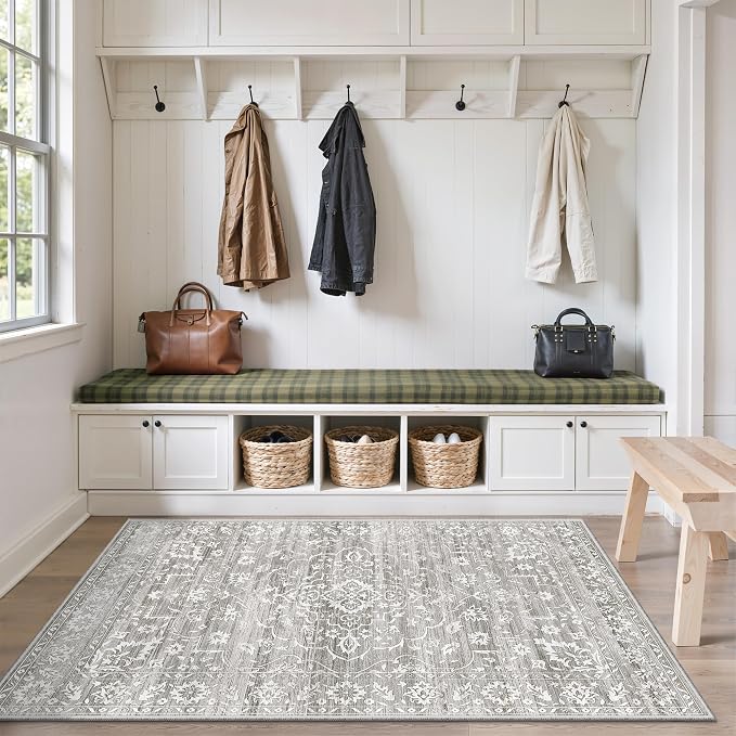 Soalmost Area Rugs 4x6 for Living Room, Washable Neutral Soft Rugs Grey | Floral Vintage Non-Slip Throw Carpet for Dining Room, Entryway, Kitchen, Farmhouse 4'x6'