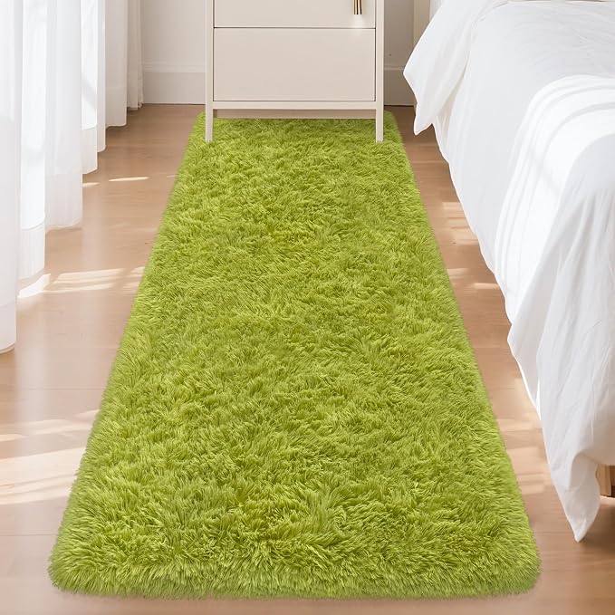 Soft Grass Green Fluffy Rug for Bedroom Living Room, 2x6 ft Fuzzy Green Shag Rug Runner Carpet for Hallways Entryway Nursery Bedside Kids Room Teen Dorm Home Decor Indoor