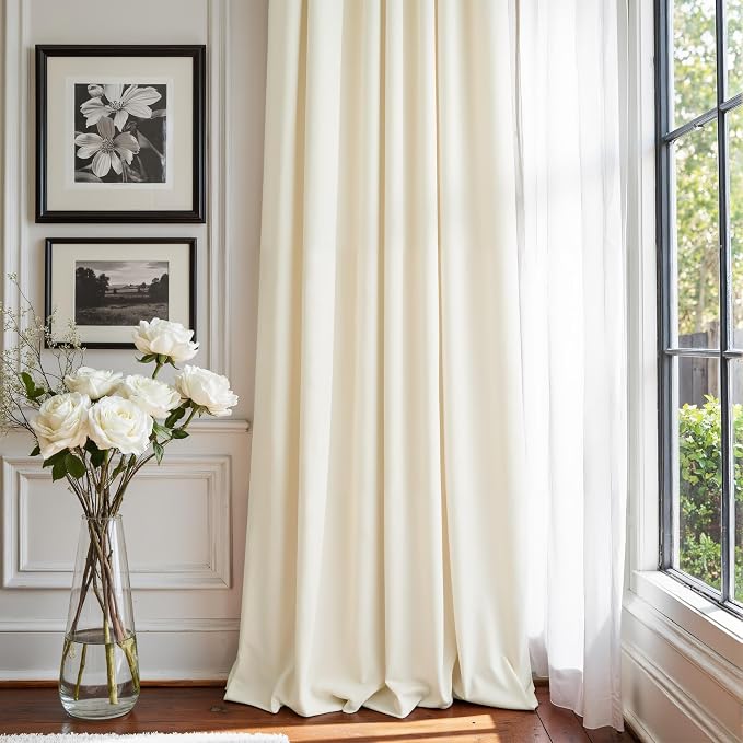 Ivory Velvet Curtains 96 Inches Long for Bedroom Aesthetic 2 Panel Back Tab Pocket Thick Heavy Sound Proof Reducing Light Filtering Off White Drape for Patio Sliding Door Living Room Darkening Elegant