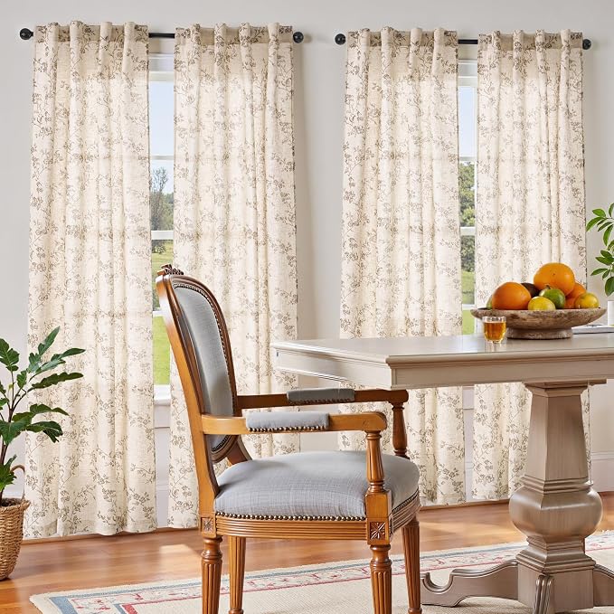 jinchan Taupe Floral Linen Curtains 90 Inch Farmhouse Back Tab 2 Panels | Taupe on beige, light filtering, farmhouse, rustic, country, flower, privacy, bedroom, living room, office, window treatment