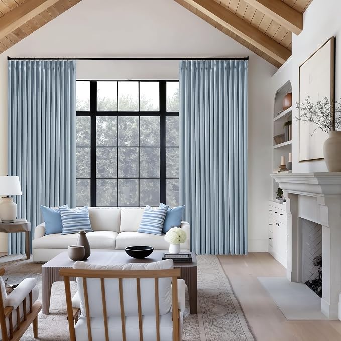 Blue Grey Pinch Pleated Full Blackout Curtains Linen 80 Inch Window Curtain | Room Darkening Thermal Insulated, for Living Room Bedroom, Back Tab Pinch Pleat Drapes with Hooks Rings, W40xL80 2 Panels