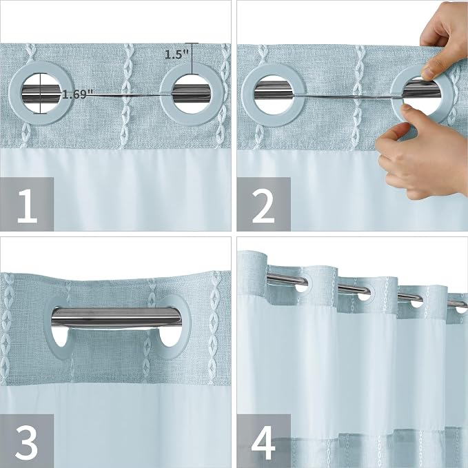 eachope No Hook Long Shower Curtain Set with Snap-in Fabric Liner,Linen Textured Thick Striped Fabric with Tassels,Boho Farmhouse Rustic Luxury Bathroom Curtain,Water-Repellent,Fog Blue,71x80