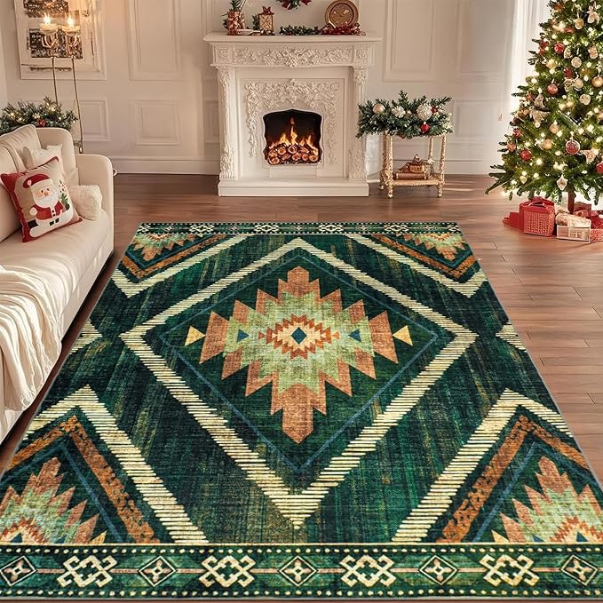 Boho Green Area Rugs 5x7Ft Non Slip, Large Low Pile Washable Rugs for Living Room, Soft Bedroom Nursery Area Floor Carpets for Dining Room Kids Playroom Farmhouse Office Spring Summer