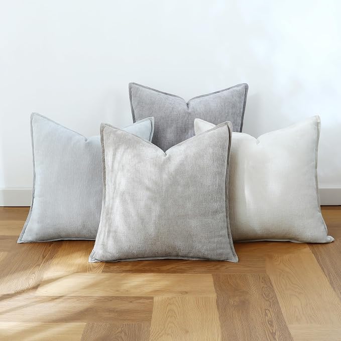 Stellhome Neutral Decorative Throw Pillow Covers Set of 4 Accent Solid Soft Textured Chenille Cushion Cover Rustic Farmhouse Pillow Case for Couch Sofa Bedroom Living Room (18x18 inch, Neutral)