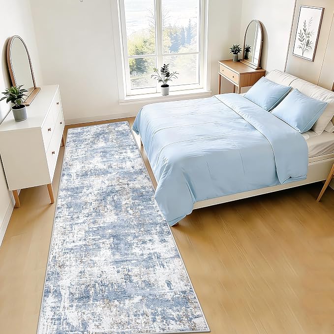 XLUEZ 2.6x8 Runner Rug for Hallway, Washable Modern Abstract Runner Rugs Neutral Soft Non Slip Kids Rug Stain Resistant Indoor Runners for Entryway Bedroom Kitchen Laundry Room(Blue, 2'6''x8')