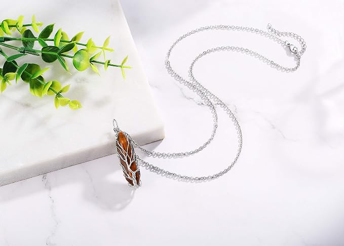 XIANNVXI Tree of Life Wire Wrapped Crystal Point Pendant Necklace Reiki Healing Crystal Tiger Eye Stone Necklaces Natural Hexagonal Gemstone Quartz Jewelry for Women