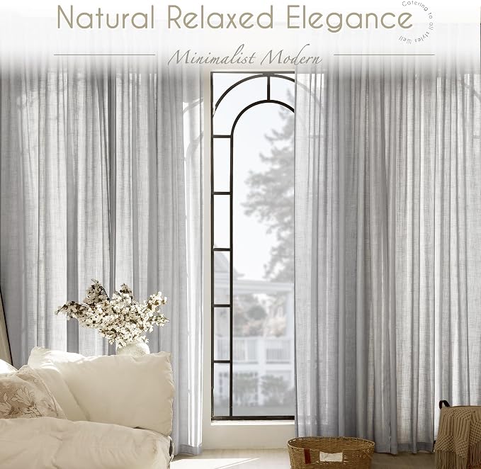 Linen Blend Grey Curtains for Living Room Back Tab Modern Farmhouse Semi Sheer Light Gray Curtains 120 inches Long 2 Panels Set Muted Neutral Cotton Texture Window Curtain for Dining Room Bedroom