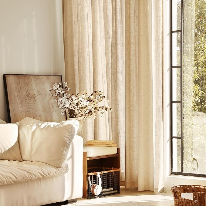 Tan Linen Curtains 102 Inches Long for Living Room Back Tab Rustic Farmhouse Semi Sheer Light Filtering Window Curtain Dining Room Soft Thick Flax Linen Textured Drapes Khaki 52x102
