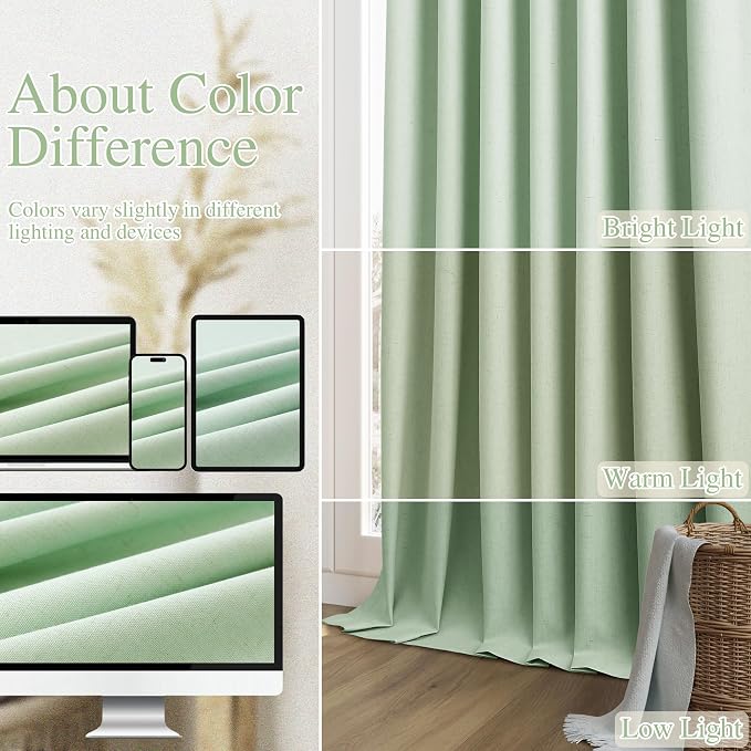 Guken 100% Blackout Curtains 108 Inch Length 2 Panels Set for Living Room Bedroom Back Tab Thermal Insulated Black Out Linen Drapes Room Darkening Window Curtains Aqua Green 52x108