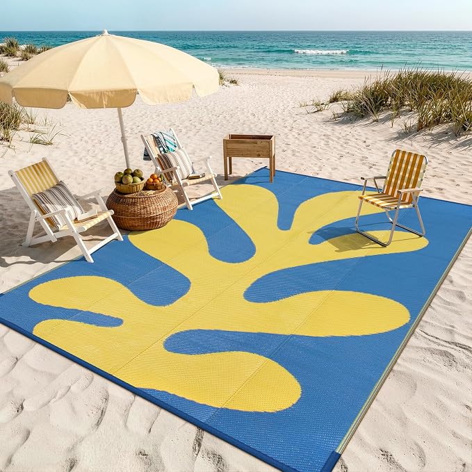 Lahome Sea Coral 9x12 Picnic Beach Rug, Reversible Outdoor Pool Rv Camping Rug, Waterproof Plastic Straw Blue and Yellow Mats for Outside Camping Patio Deck, Blue 9'x12'