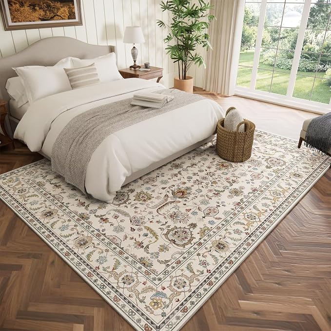 Boho Washable 5x7 Area Rugs for Living Room, Cushioned, Beige | Vintage Non-slip Rugs for Bedroom Dining Room Nursery Office, 0.3" Neutral Oriental Throw Thin Carpet, Beige/Sage Green