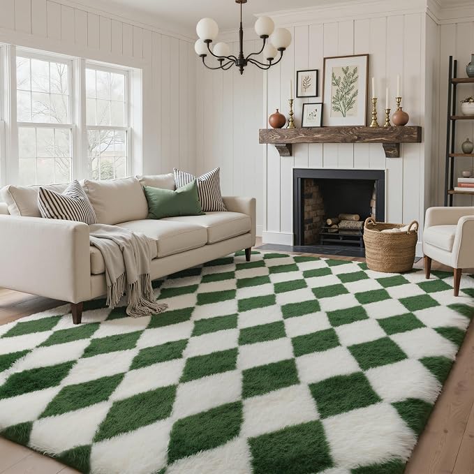 GENIMO Checkered Rug 8x10 Area Rugs for Kids Bedroom Soft Shag Rug Fluffy Fuzzy Carpet Plush Rugs for Living Room Nursery Playroom Dorm Modern Home Decor Aesthetic, Green and White