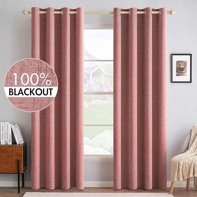 MIULEE 100% Blackout Linen Textured Curtains for Bedroom Solid Thermal Insulated Dusty Rose Grommet Room Darkening Curtains & Drapes Luxury Decor for Living Room 52 x 72 Inch (2 Panels)