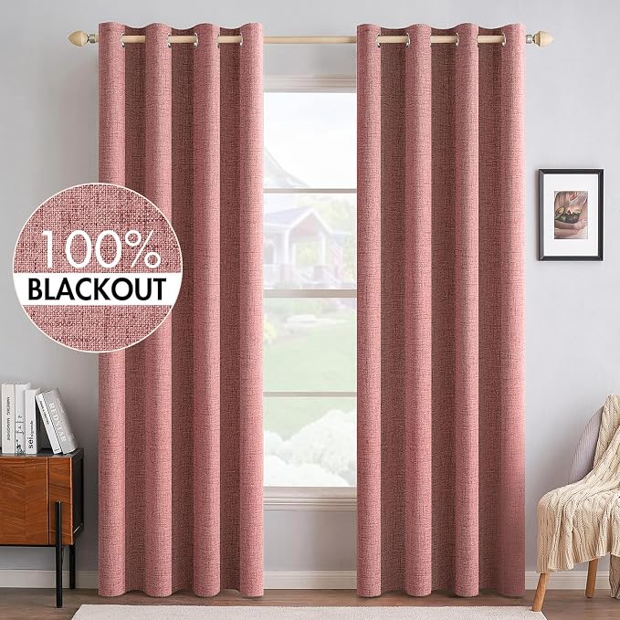 MIULEE 100% Blackout Linen Textured Curtains for Bedroom Solid Thermal Insulated Dusty Rose Grommet Room Darkening Curtains & Drapes Luxury Decor for Living Room 52 x 96 Inch (2 Panels)