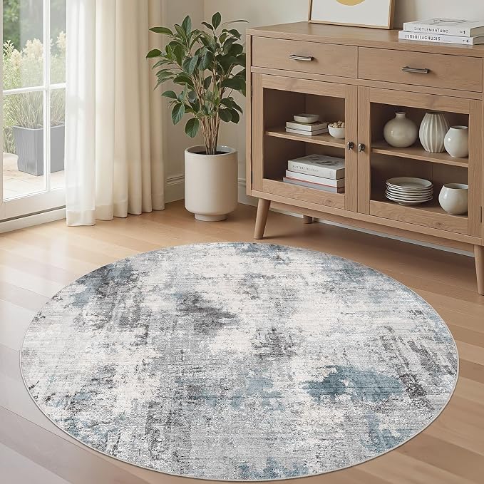 Abstract 9FT Round Rug: Machine Washable Non Slip Ultra Thin Low-Pile Carpet, Soft Stain Resistant for Living Dining Room Bedroom, Kid Pet Friendly, Robot Vacuum Compatible - Grey Blue