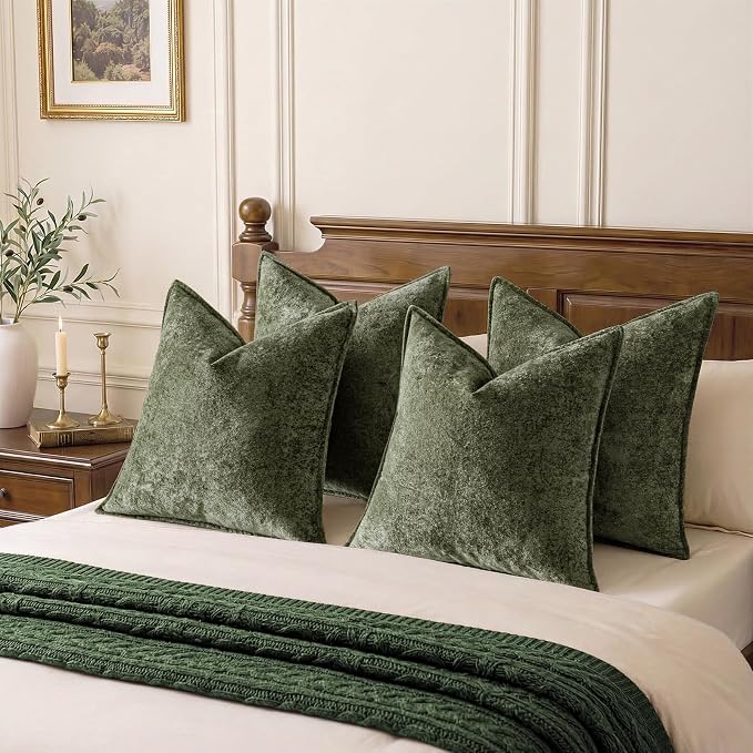 a moment Throw Pillow Covers 16X16 Inch 4 Packs,Soft Velvet Decorative Pillow Cases with 3D Ice Flower,Texture Modern Accent Cushion Covers for Sofa Couch Home Decor Moss Green