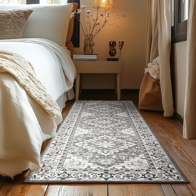 Lessymo Runner Rug for Hallway, Machine Washable Entryway Rugs Boho Faux Wool Low Pile Long Rug for Bedroom, Floral Medallion Vintage Rugs with Non-Slip Rubber, 2.6 x 8, Grey Beige