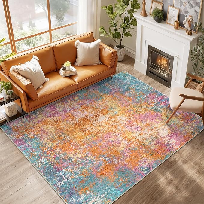 RELEANY Washable Area Rugs 6'x9' Non-Slip Modern Abstract Soft for Living Room Entryway Bedroom Kitchen, Print Pattern, Orange Blue Pink Yellow Colorful