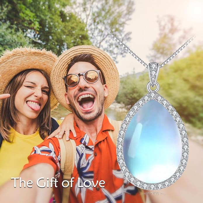 YAFEINI 925 Sterling Silver Moonstone Necklace Filigree Teardrop Pendant Necklace Jewelry for Women Girls