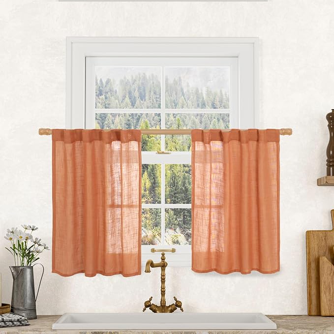 LAMIT Burnt Orange Linen Curtains 30 Inch Length for Cafe, Semi Sheer Light Filtering Panels Back Tab and Rod Pocket Small Window Drapes for Basement, 2 Panels, 34 x 30 Inch