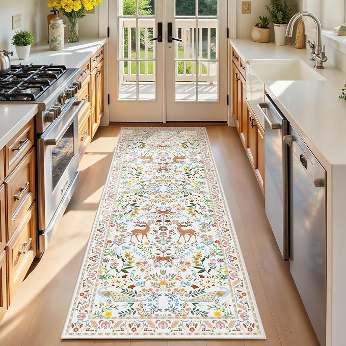 Lunasun 2x6 White Runner Rug for Kitchen, Entry Way - Bathroom Runners, Non Slip Washable Floral Print Home Decor