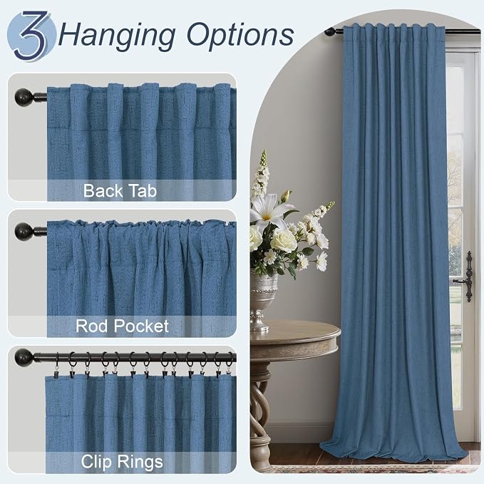 Denim Blue Living Room Black Out Curtains 63 Inch Long Insulated Thermal Darkening Kitchen Drape for Windows Over Sink Boho Linen Textured Blackout Curtain for Dining Room Kids Bedroom Basement Office