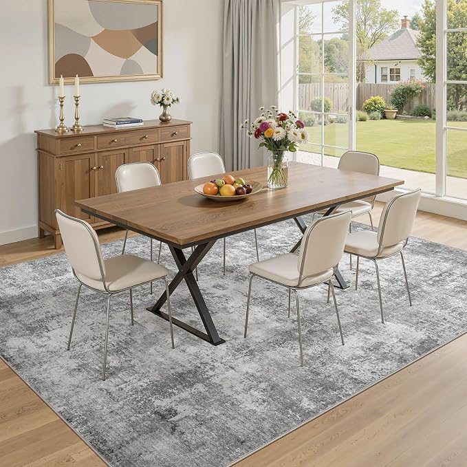 8x12 Rugs for Living Room, Washable Non Slip Bedroom Large Area Rug | Neutral Modern Abstract Carpet, Stain Resistant High-Low Pile, Made for Farmhouse Dining Room, Nursery, Home Office - Gray