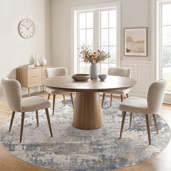 UERMEI 8ft Round Area Rug Living Room Rugs - 8x8 Washable Neutral Modern Abstract Soft Thin Rug Indoor Floor No Slip Rug Carpet for Bedroom Under Dining Table Home Office Decor - Blue Grey